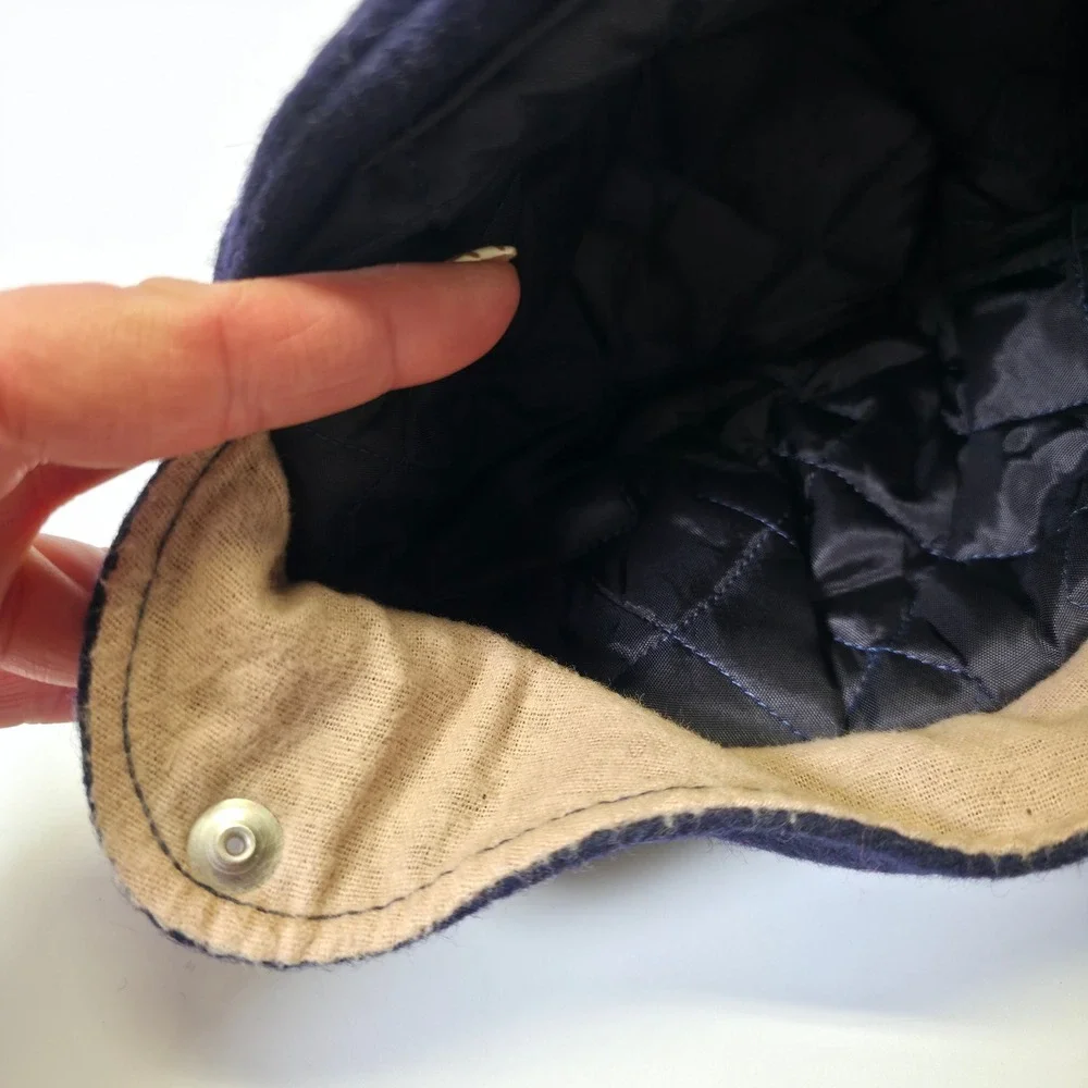 Vintage Boys Winter Hat Blue Wool Quilted Lining Ear Flap Cap Classic Warm Retro